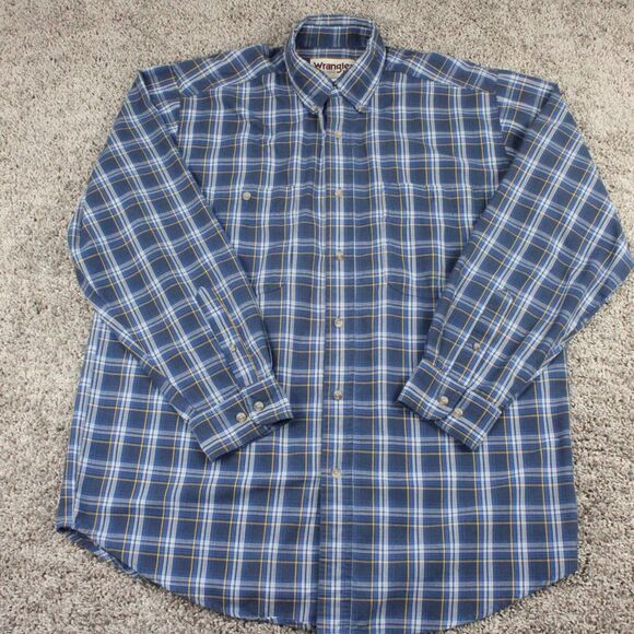 Wrangler Rugged Wear Shirt Mens Large Blue Plaid Long Sleeve Western Fit - Picture 1 of 8